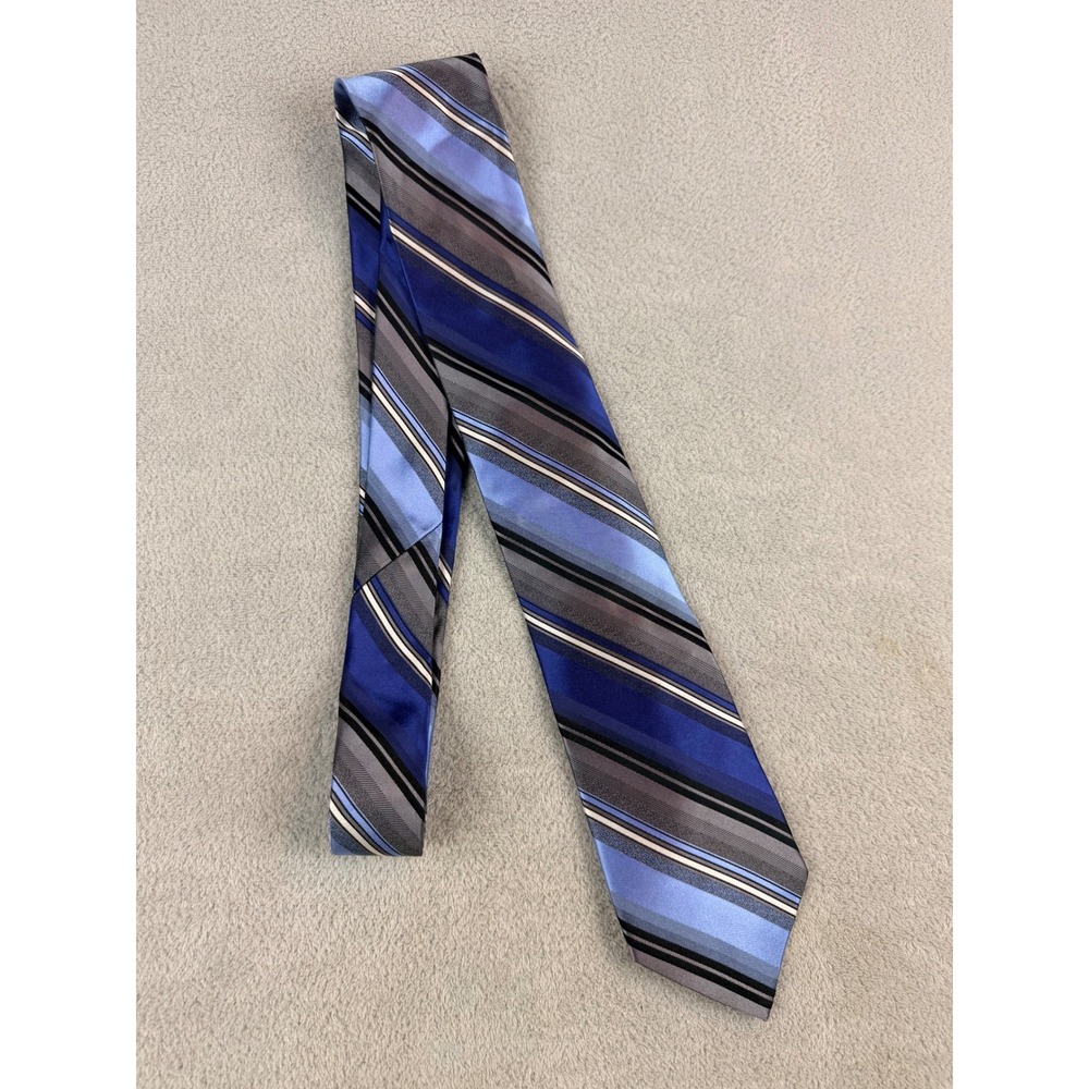 Calvin Klein Mens Blue Gray White Stripe‎ Silk Blend Necktie